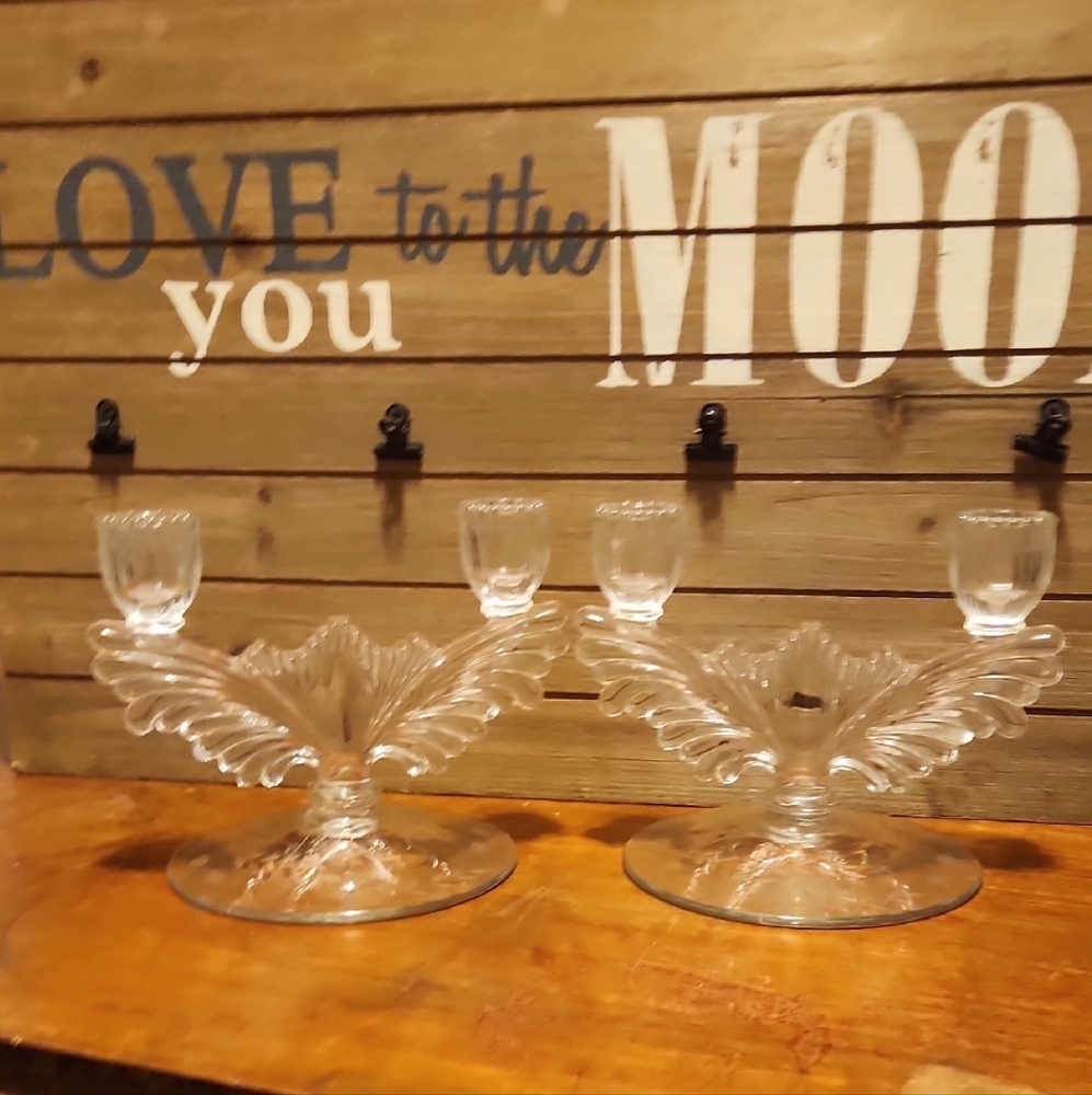 Tiffin Feather Wing Double Candlesticks" or "New Martinsville Queen Ann Crystal